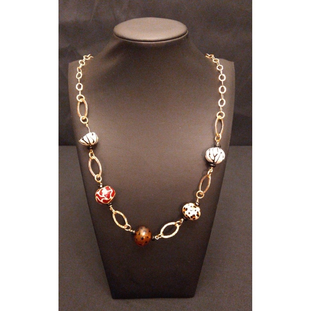 14k Gold Filled Vintage Art Deco Necklace With Red White Black Beaded Accents